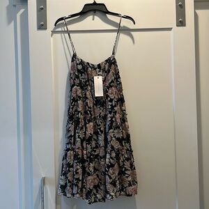 Black Floral Print Tiered Babydoll Dress, NWT, Size L